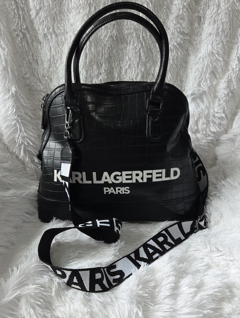Karl Lagerfeld Black Croc-Embossed Satchel with Logo Strap